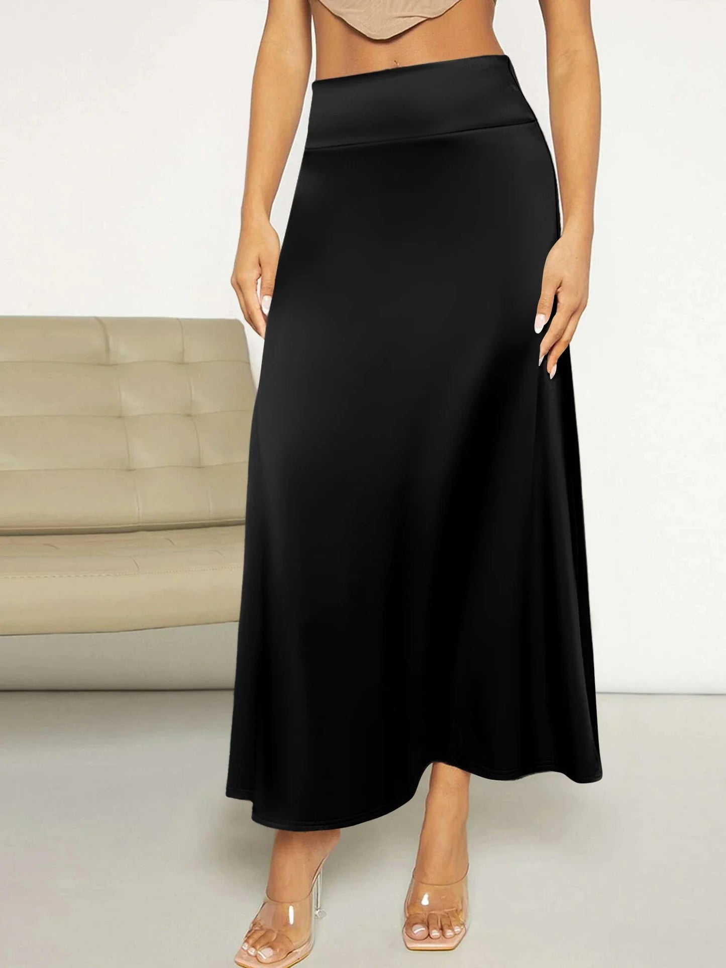 Women High Waist Midi Skirt A line Flowy Hem Elastic Waist Soft Fabric Ideal for Casual Gatherings Work Meetings Daily Outings