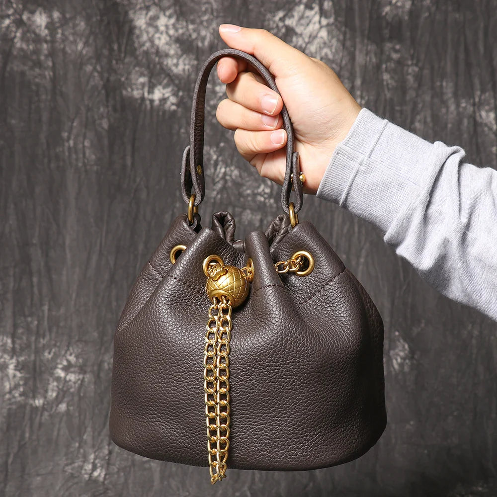 Metal Drawstring Versatile Women's Handbag Genuine Leather Chain Crossbody Bag Vintage Bucket Bag Mobile Phone Bag