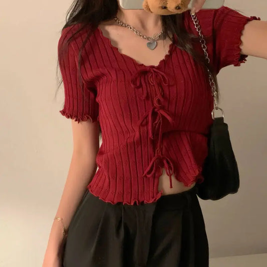 TShirt For Women V-neck Summer Simple Versatile Casual Crop Tops Bandage Ribbed Short Sleeve Women's Top T-Shirt Girl