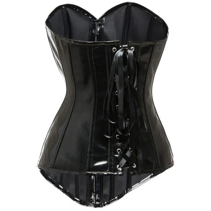 Black PVC Vinyl Corset Plus Size Women Sexy Overbust Bustiers Top Shiny Leather Lingerie Steampunk Corselet Lace Up Korsett