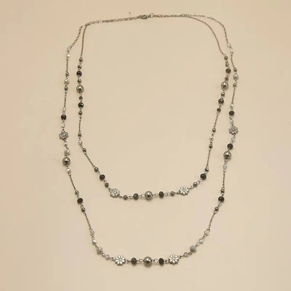 Bohemian Double-layer Flower Necklace Long Beaded Sweater Chain Y2K Style Stackable Geometric Necklace