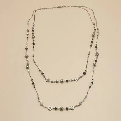 Bohemian Double-layer Flower Necklace Long Beaded Sweater Chain Y2K Style Stackable Geometric Necklace
