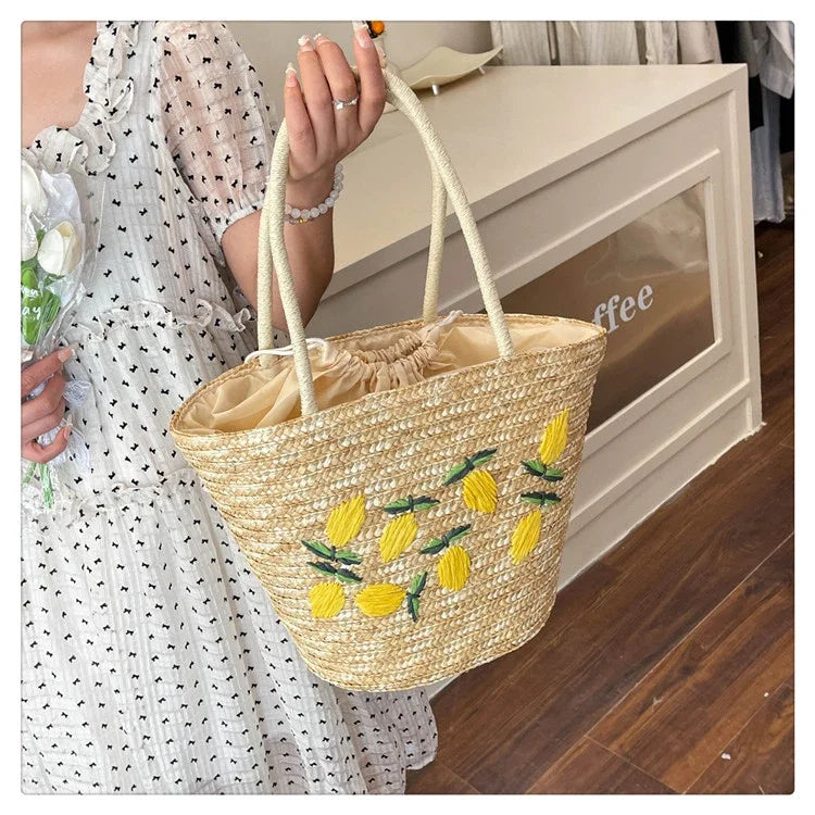 Embroidery Fruit Solid Color Shoulder Bag Straw Woven Hollow Versatile 2025 High Quality Bags for Women New Beach Handbags
