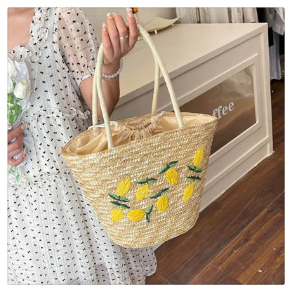 Embroidery Fruit Solid Color Shoulder Bag Straw Woven Hollow Versatile 2025 High Quality Bags for Women New Beach Handbags