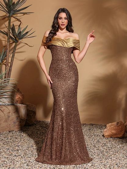 Pleated neckline sequined hip-length dress, elegant and chic dress