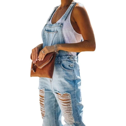 Calça Jeans de Uma Peça Suspensa Reta