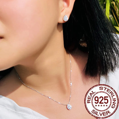 Pure 925 Sterling Silver Pear Cut CZ Stud Earrings Pendant Necklace Set for Women Fine Jewelry Accessories Gift ST005