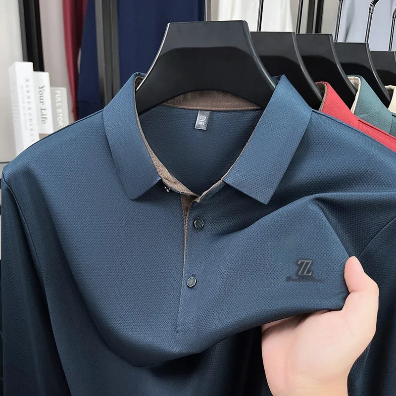 Men's High End Brand Print Solid Color Lapel Polo Shirt Autumn New Skin Friendly Long Sleeved T-shirt Fashion Versatile Menswear