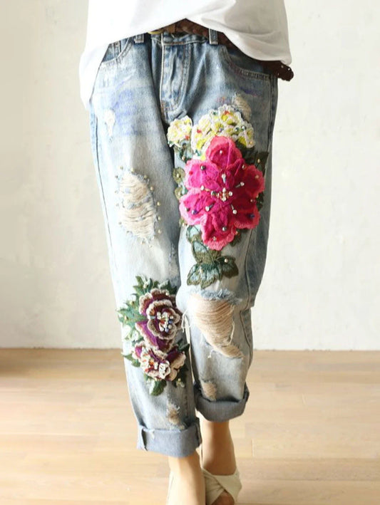 Women's Floral Embroidery Jeans Hollow Out Jeans