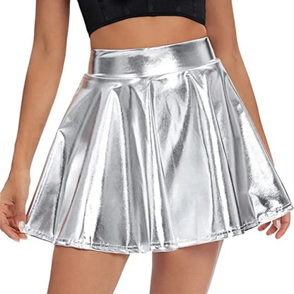 Elegant Metallic Pleated Skirt Gold Silver Flared Design A-line Short Skirt Retro Solid Color Girls Short Mini Skirt Clubwear