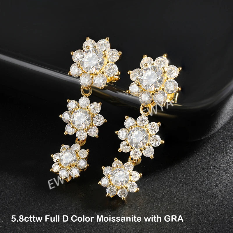Luxury Sunflower 2.8-5.8cttw Full D Color Moissanite Drop Earrings for Women S925 GRA Certified Diamond Tassel Earring Gift