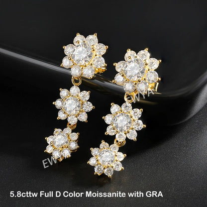 Luxury Sunflower 2.8-5.8cttw Full D Color Moissanite Drop Earrings for Women S925 GRA Certified Diamond Tassel Earring Gift