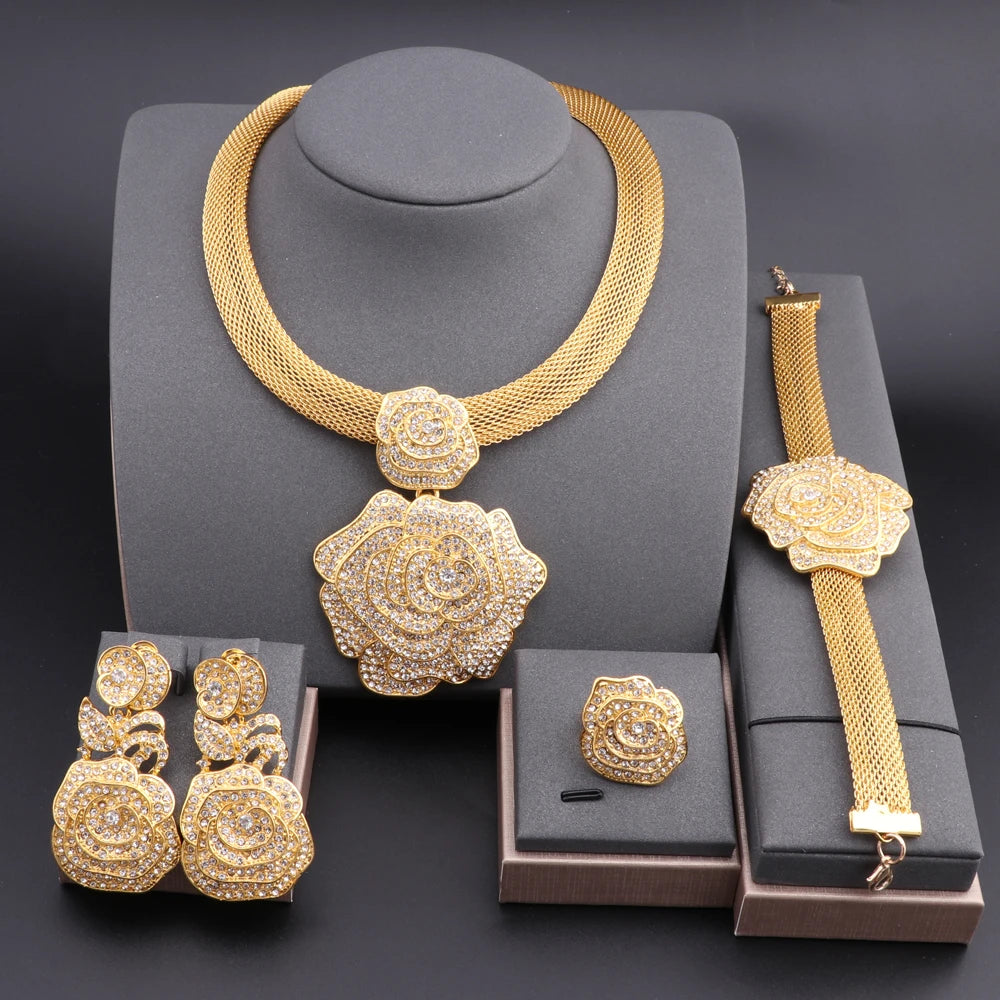 Dubai Gold Color Jewelry Sets For Women Bridal Luxury Necklace Earrings Bracelet Ring Set African Wedding Party Gifts
