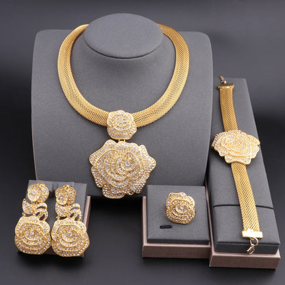 Dubai Gold Color Jewelry Sets For Women Bridal Luxury Necklace Earrings Bracelet Ring Set African Wedding Party Gifts