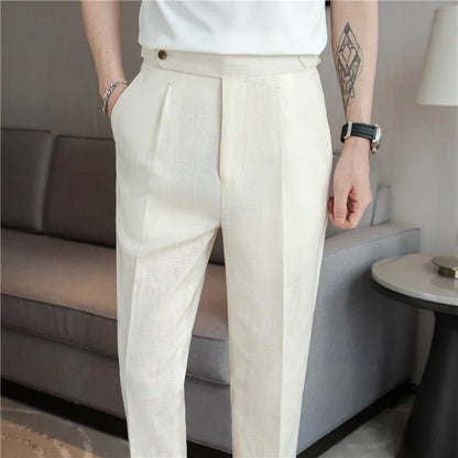 High Quality Summer Suit Pants Men Thin Cotton Linen Breathable Smart Casual Trousers Mens Solid Straight Dress Pants 90% Linen
