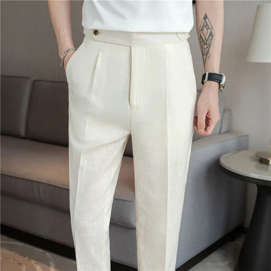 High Quality Summer Suit Pants Men Thin Cotton Linen Breathable Smart Casual Trousers Mens Solid Straight Dress Pants 90% Linen