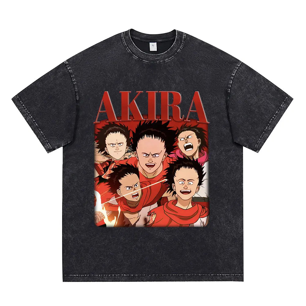 Japanese Anime Akira Washed Vintage T Shirt Science Fiction Cartoon Movie Shotaro Kaneda T-shirt Men Women Cotton Casual T-shirt