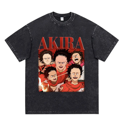 Japanese Anime Akira Washed Vintage T Shirt Science Fiction Cartoon Movie Shotaro Kaneda T-shirt Men Women Cotton Casual T-shirt