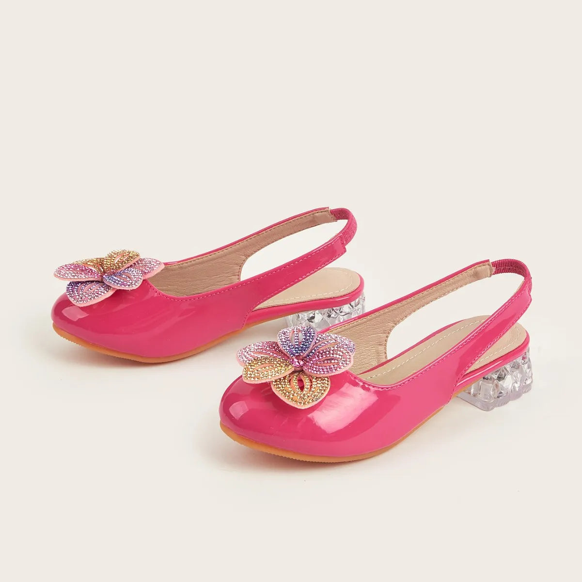 Summer New Children's High Heels Girls' Crystal Princess Shoes Hollow Heel Round Toe Fashion Flower Baby Girls' Sandals Rose Red