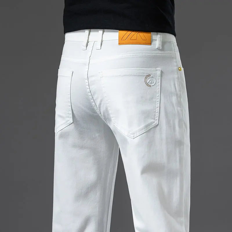 2024 New Men's Khaki White Cotton Stretch Slim Smart Jeans Casual Straight Business Fashion Beige Brand Denim Trousers