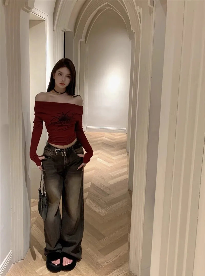T Shirt Women Long Sleeve Off Shoulder Y2k Vintage Tops Streetwear Korean Style Crop Tops Autumn
