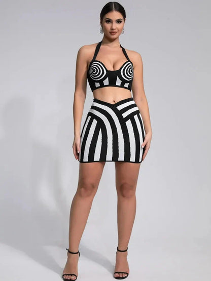Women Celebrity Sexy Jacquard Black White Two Piece Bodycon Striped Bandage Skirt Set Designer Evening Party Dress