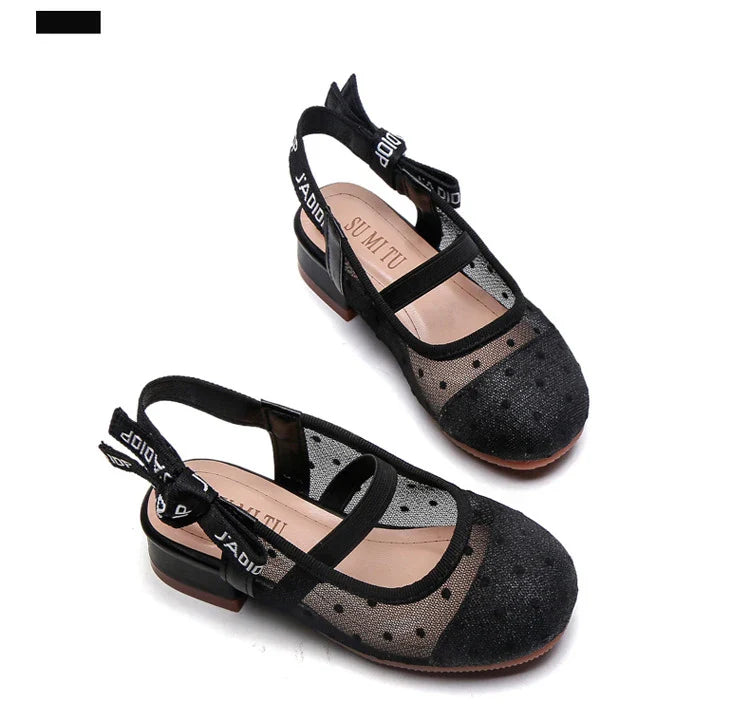 Mesh Black White Polka Dot Shoes Sandals for Girls with Heels Mules Sling Back Shoes for Girls Luxury Shoes for Girls To Dress