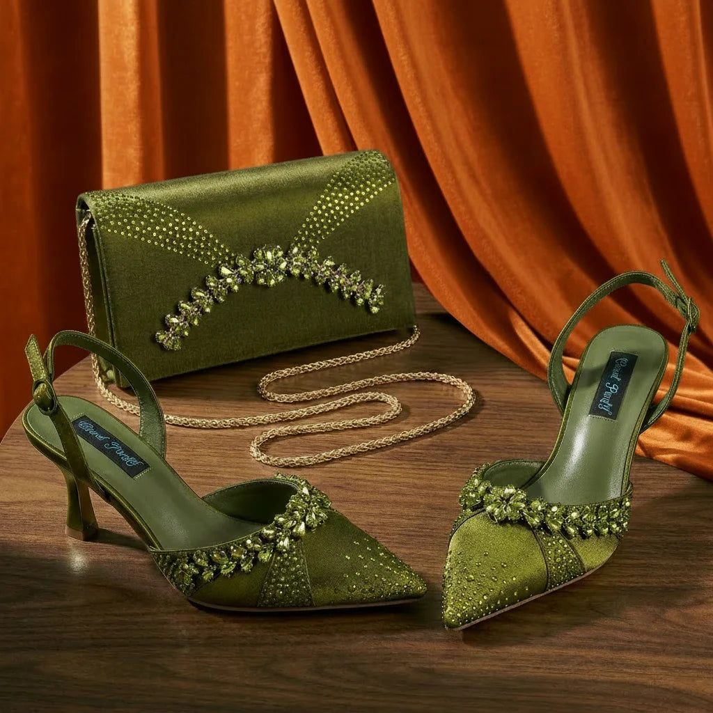 2026 Italian Inspired Coffee Pointed Toe High Heels Matching Handbag Set  COMFORT INCLUDED Elegant Wedding Party Shoes for Women