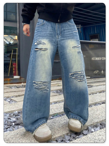 LIYS American Retro Blue Baggy Wide Leg Men's Jeans Four Seasons Street Straight Casual Ripped Denim Pants Youth Clothes Unisex