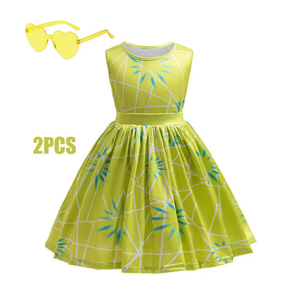 3PCS Full Printing Green Dress for Kids Girl Cosplay Dress+Scarf +Belt Disgust Costume Halloween Disguise Party Joy Clothing