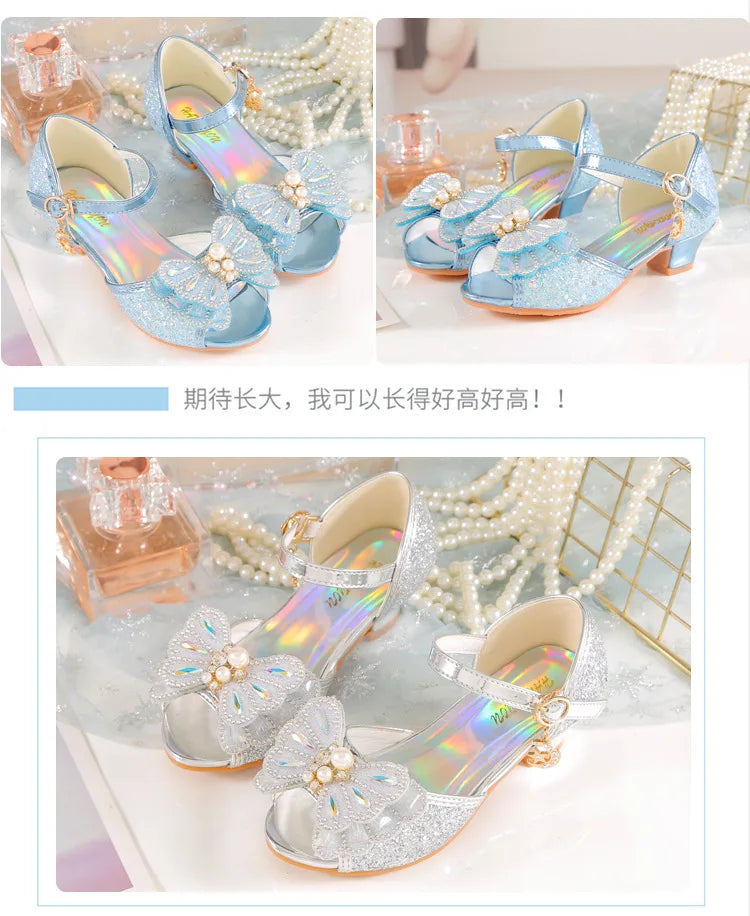 Children's Princess Shoes Summer New Girls' Performance High Heels Fashion Pearl Bow Baby Crystal Sandals