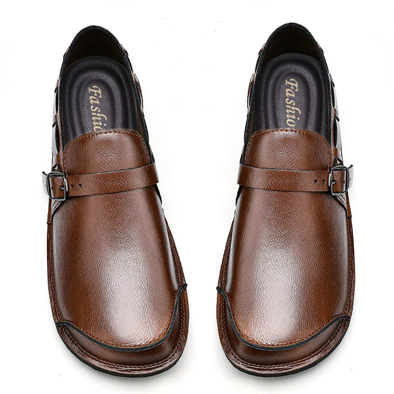 Sapatos Masculinos de Couro com Bico Largo e Sem Cadarço, Flats Casuais Minimalistas Antiderrapantes Primavera Verão Outono