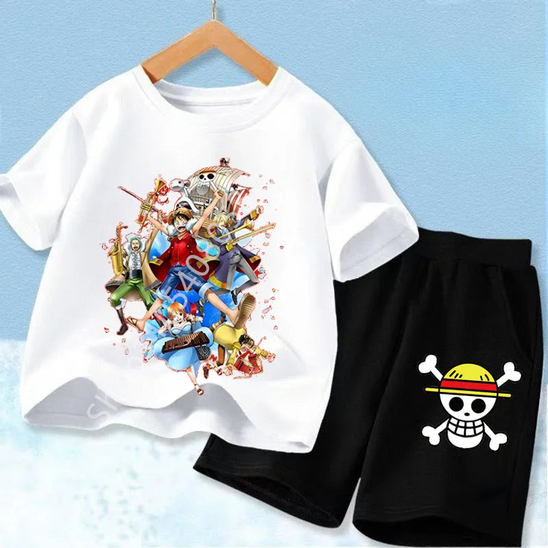 Summer Short Sleeve Clothes Set Anime Boy Girl T Shirt Shorts 2pcs One Piece Kids Outfit Chopper Luffy Tracksuit Suit Children
