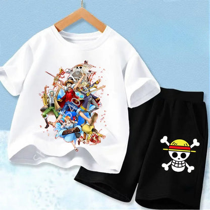 Summer Short Sleeve Clothes Set Anime Boy Girl T Shirt Shorts 2pcs One Piece Kids Outfit Chopper Luffy Tracksuit Suit Children