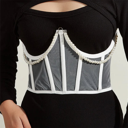 Pearl Chain Bustiers Tied Waspie Wide Belt Cinchers Underwire Lace-up Underbust Corset Bustier Corsets Tops Boned Corset