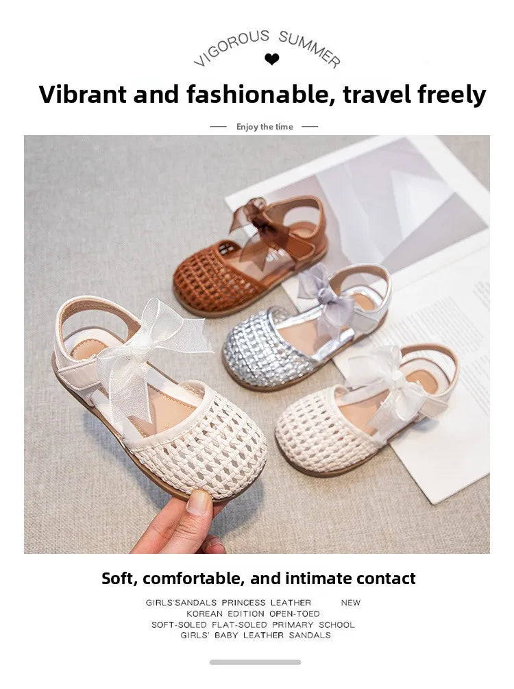 Children's Sandals Summer New Elegant Girls Princess Shoes Woven Style Beach Causal Kids Flat Sandals Solid Color Versatile