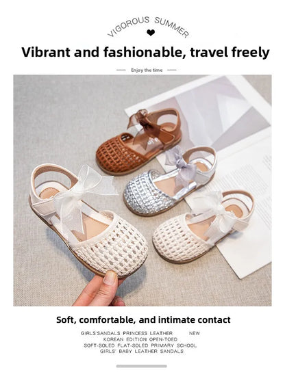 Children's Sandals Summer New Elegant Girls Princess Shoes Woven Style Beach Causal Kids Flat Sandals Solid Color Versatile