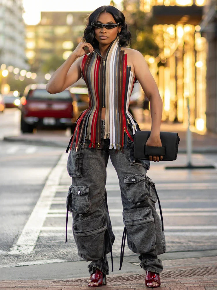 Backless Irregular Hem Tank Tops Woman Colorful Stripe Halter Multiple Zip Design Bandage High Street Hip-Hop Style Vests