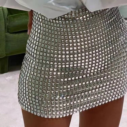 Summer Women Sequined Slim A-Line Skirt Ladies Wrap Hip Solid Sliver Mesh Skirt Female Casual Above-knee Sexy Fashion Skirts