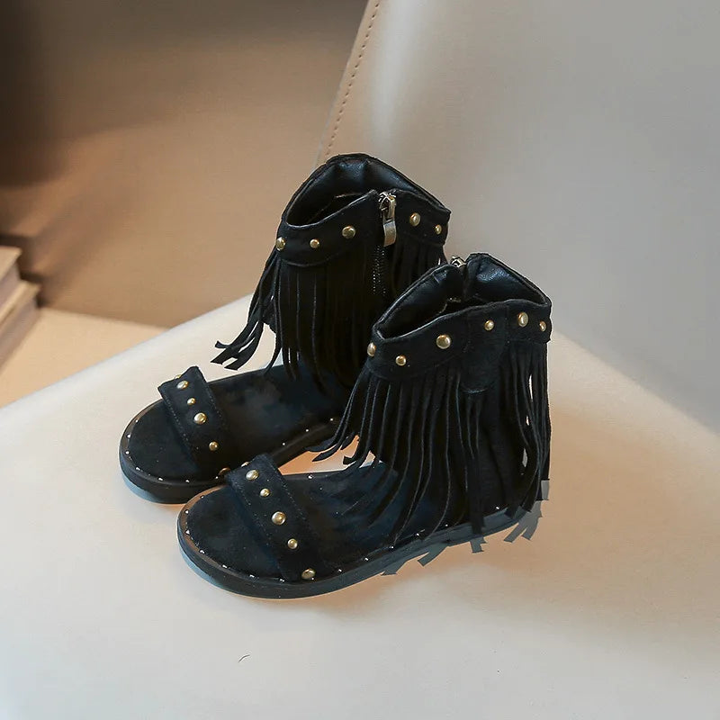One-strap Summer Roman Shoes for Girls Tassel Rivets High-top Sandals Little Girl Soft Sole Bohemian Dress Shoes Child I06133