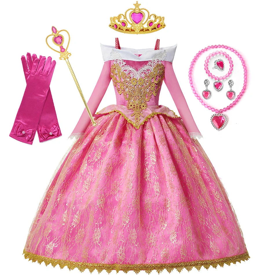 Girls Princess Dress Sleeping Beauty Aurora Cosplay Costume 2025 Kids Carnival Birthday Party Pink  Long Sleeve  Evening Dresses
