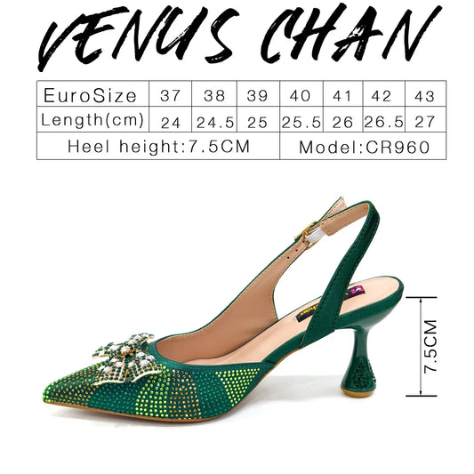 Green Color Pointed-Toe High Women Heels Shoes and Bags for Women Rhinestone Evening Party Elegant Luxury Handbag