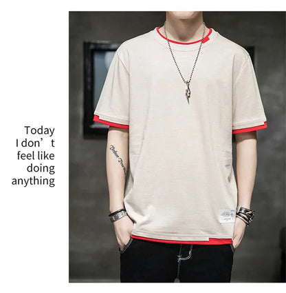 Classic Fake Two Short Sleeved Men's Pure Cotton T-shirt, Men's Summer Men's Interior Matching Trendy Brand T-shirt