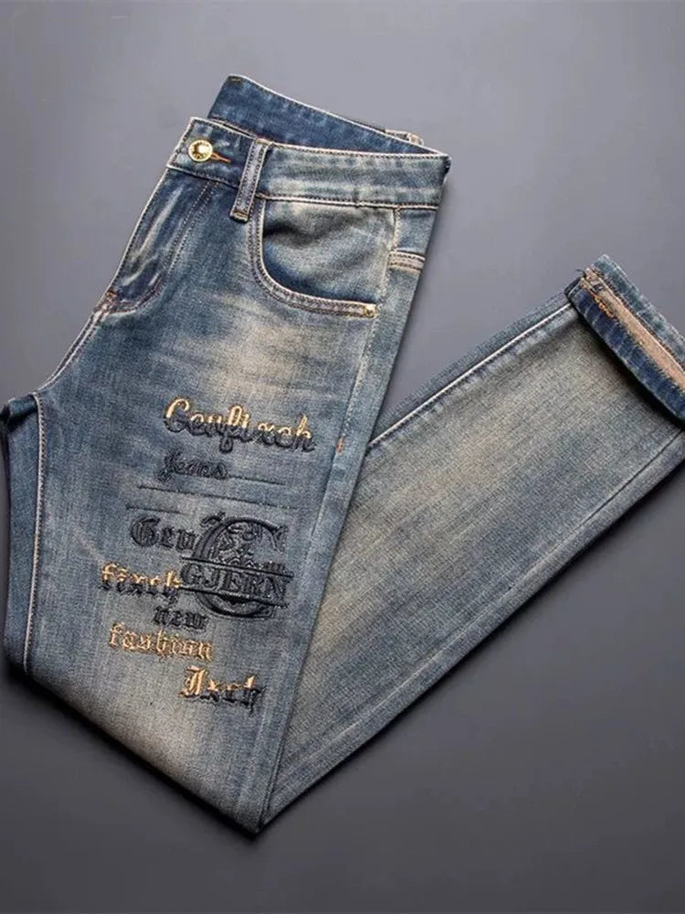 New Spring/Autumn Fashion Trendy Printed American Retro Straight Leg Jeans Men's Casual Sports High Quality Stretch Denim Pants
