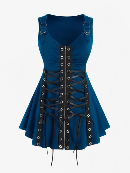 Plus Size Gothic Full Zipper Grommets Camis Tops Buckle Strap Plaid Vest Women Summer Sweetheart Neck Empire Waist Tanks
