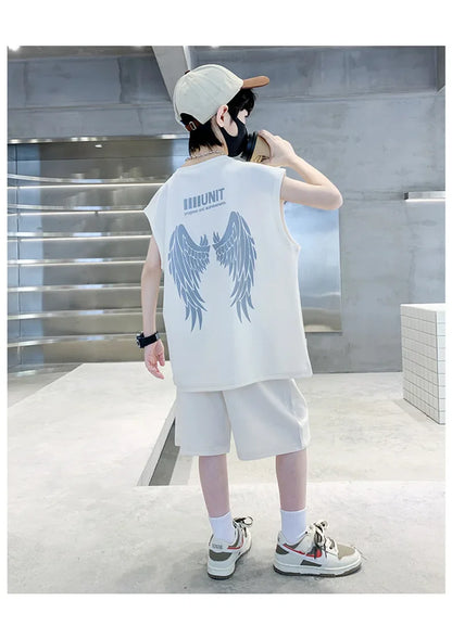 Big Child Cotton Summer Suit for Teens Boy Wing Print Cotton Tshirt + Shorts 2PCS Clothing Set Kids Adult Fashion Street Outfit
