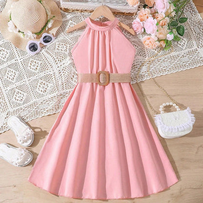 Elegant Summer Princess Dress for Teen Girls with Halter Neck and Off-Shoulder Children Sleeveless Casual Clothes with Belt
