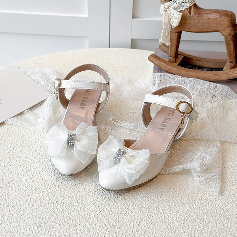 Girls Sandals Fashion Bow Girls High Heels Pink Kid Non-slip Princess Performance Shoes 3-18 Years Old Children's Leather Shoes