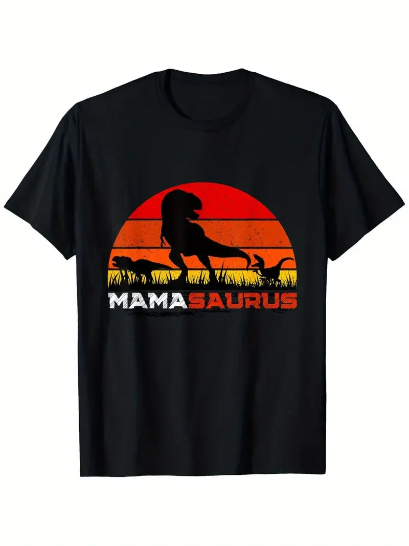 Funny MamaSaurus T-Rex Dinosaur Mom T-Shirt Retro Vintage Tee Soft Crew Neck Short Sleeve Shirt - Mother's Day Gifts for Women