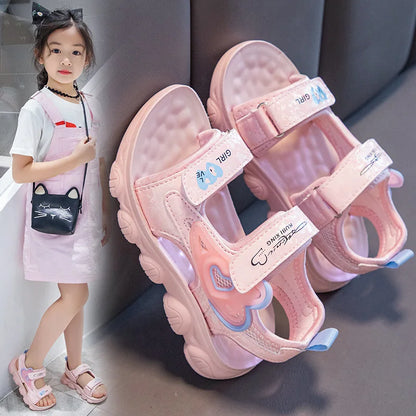 2026 New Summer Girls Sports Sandals Love Heart Decor Soft Non-Slip Beach Sandals For 3-12 Years Old Kids